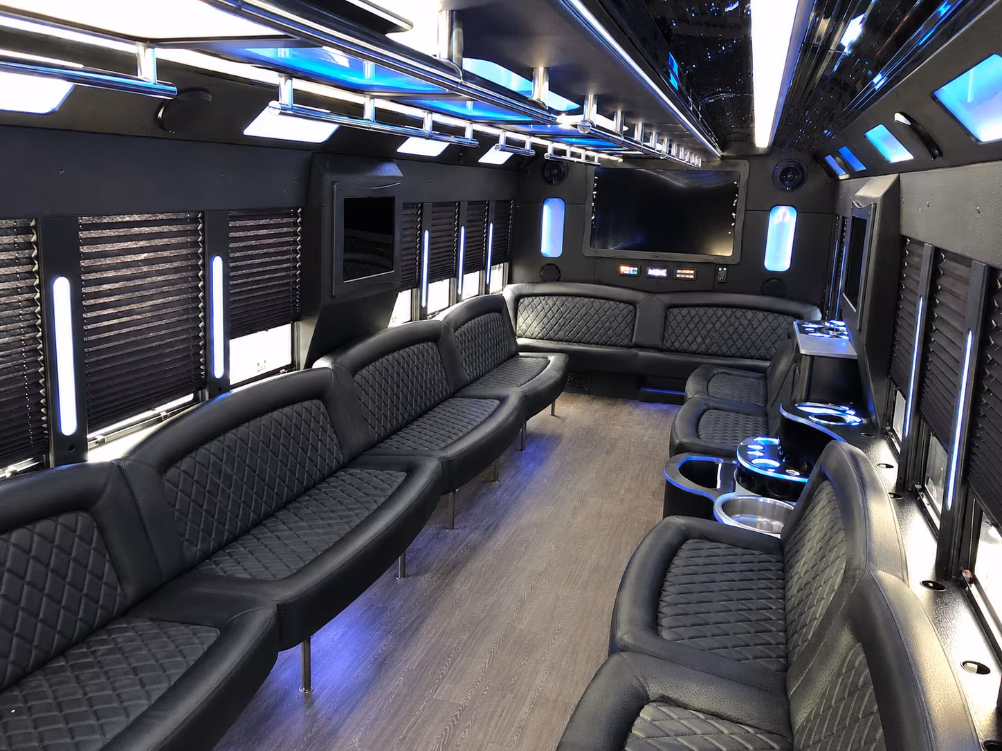 Passenger seating aboard a party bus rental serving Riverside