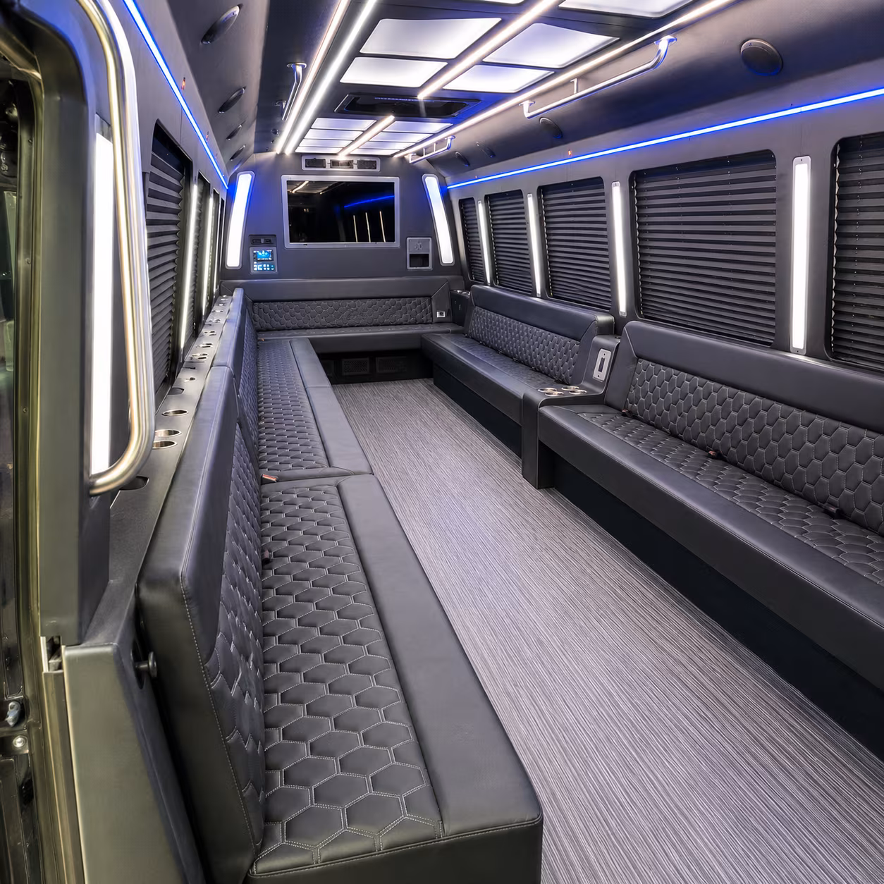 Interior of a party bus rental serving Riverside